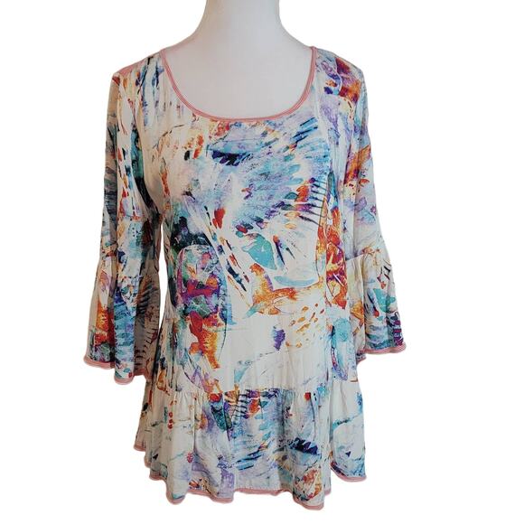 Soft Surroundings Size S Yvette Blouse Mixed Print Bell Sleeve Peplum Waist - Picture 1 of 12